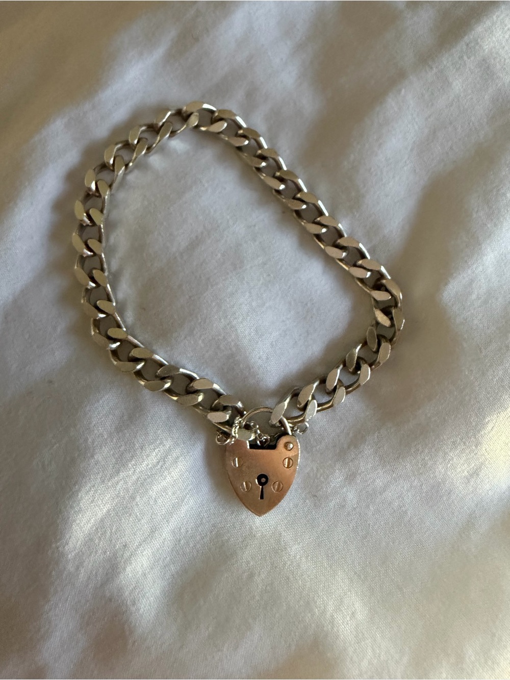 1976 LC London Sterling Silver Heart Padlock Curb Link Bracelet - Vintage